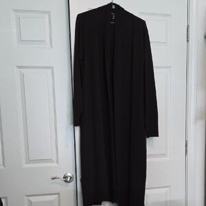 Eileen Fisher women's open-front long 100% wool dark brown cardigan. 